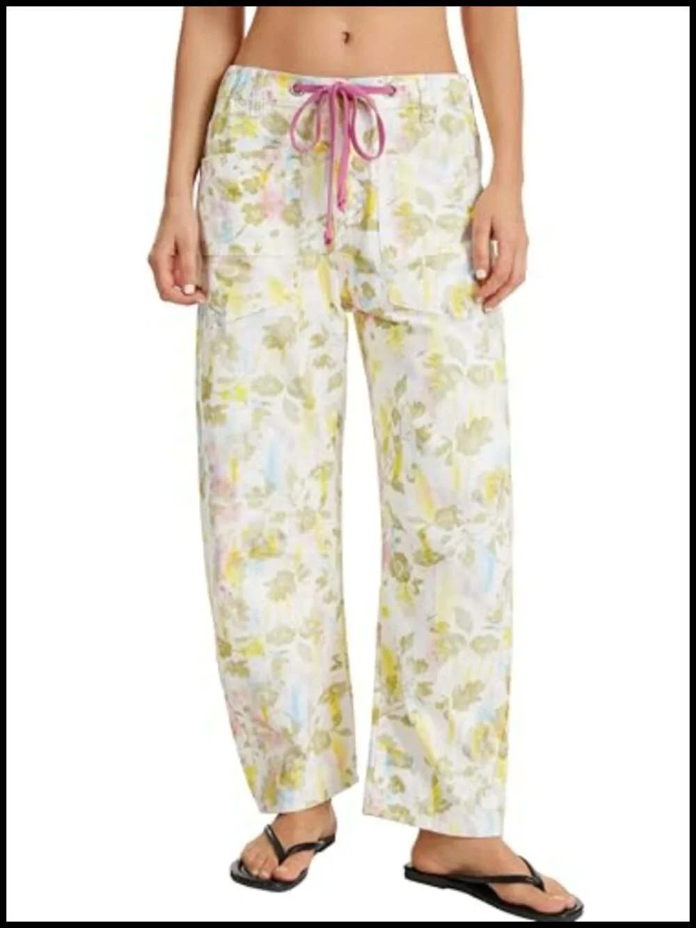 Womens Floral Print Barrel Jeans Mid Rise Wide Leg Trousers Drawstring